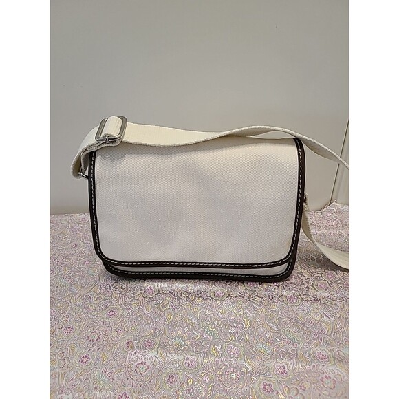 Vintage New Lands End Beige Canvas Crossbody Purse W/BROWN Leather Strap Trim - Picture 1 of 8